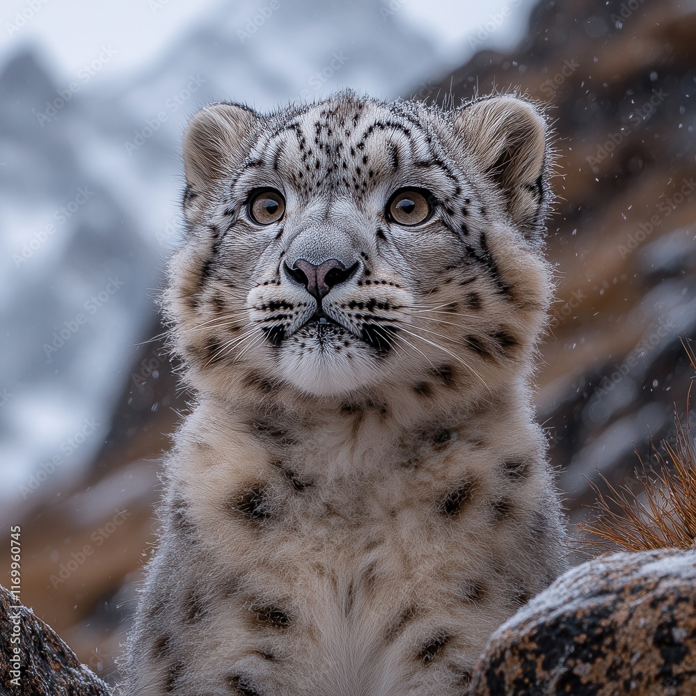 Obraz premium [Siberian tiger in snowy mountainous landscape] Siberian Tiger Leans Against Rock Formation in Snowy Wilderness, Camouflage Master