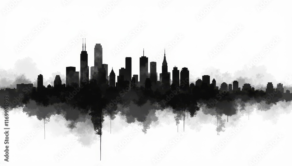 Fototapeta premium Black Ink City Skyline Silhouette