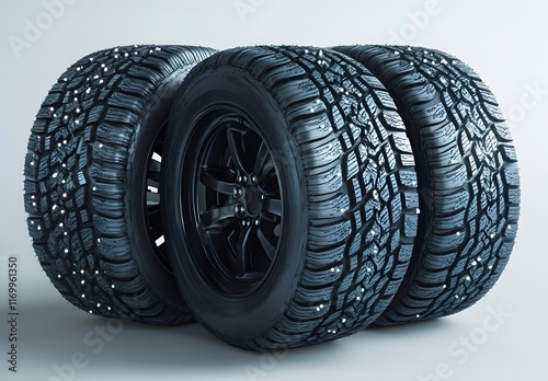 Three Black Winter Tires with Studded Tread photo