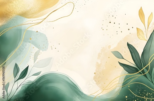 Abstract Green Gold Watercolor Leaves Design