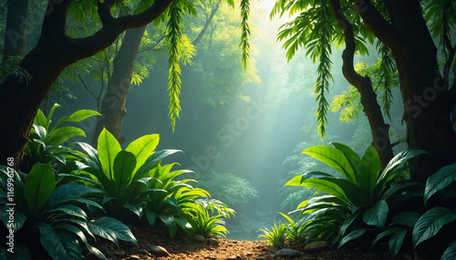lush green forest with sunlight streaming through the trees