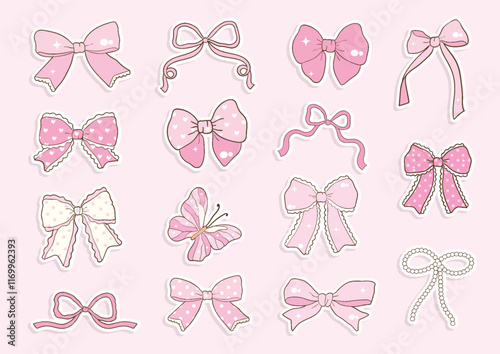 Whimsical Hand-Drawn Bows, Valentine's Day Stickers Vector Illustration