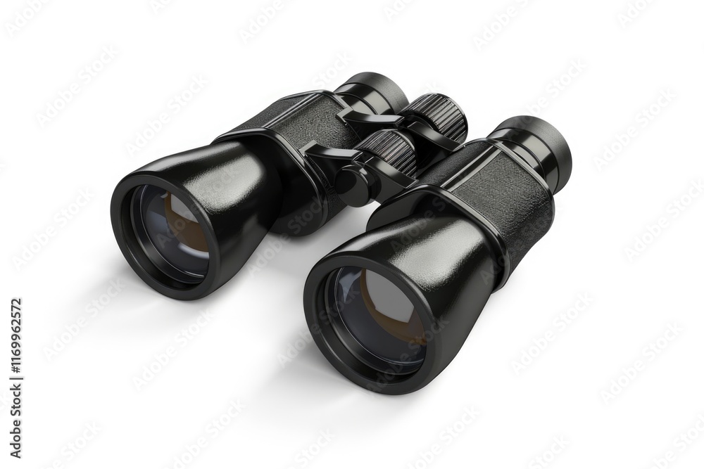 Pair of binoculars with a black strap are displayed on a white background. The binoculars are black and have a black strap, which is visible on both sides of the device Pair of binoculars with a black strap are displayed on a white background. The binoculars are black and have a black strap, which is visible on both sides of the device