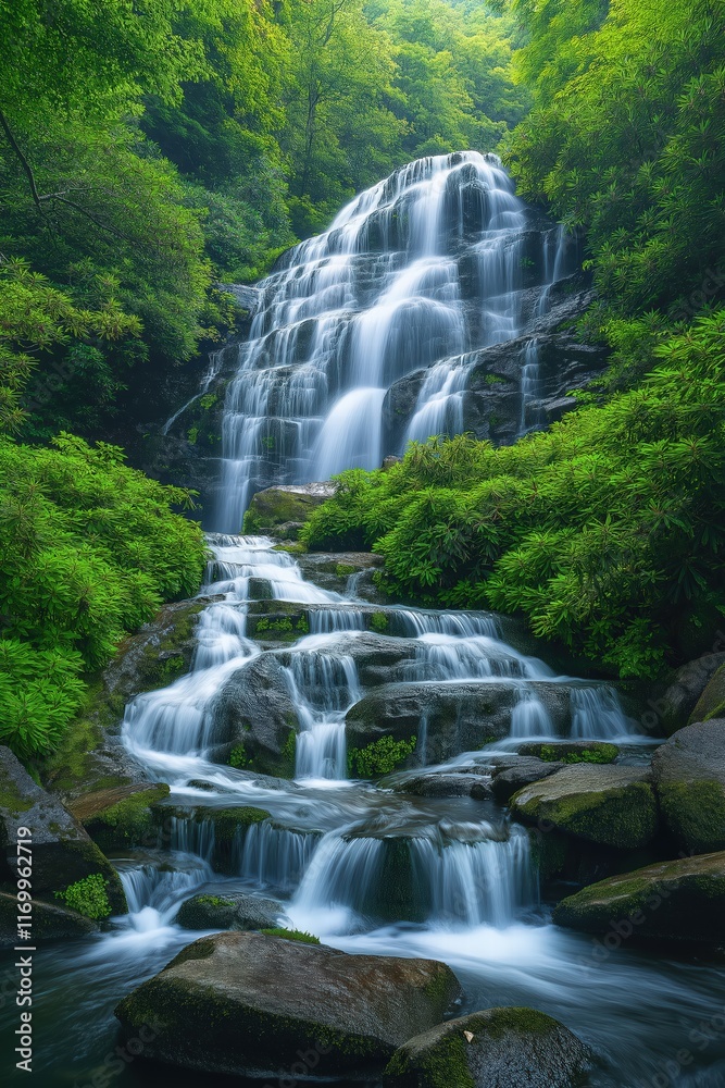 Fototapeta premium Water cascades over lush rocks creating a serene natural landscape in a tranquil forest setting