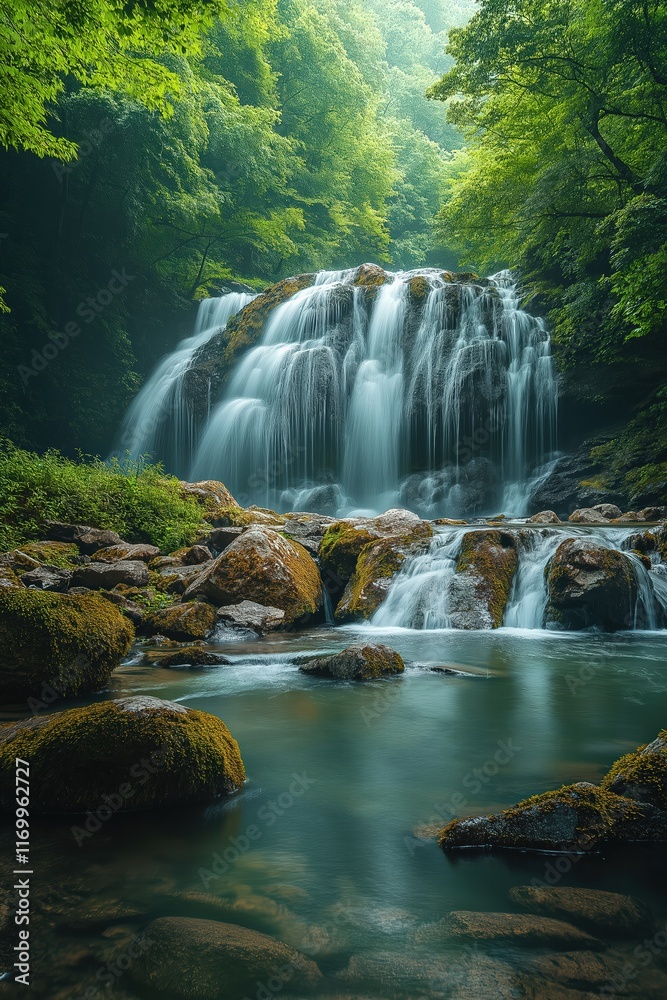 Obraz premium Beautiful waterfall cascading over rocks in a lush green forest during a serene daytime setting