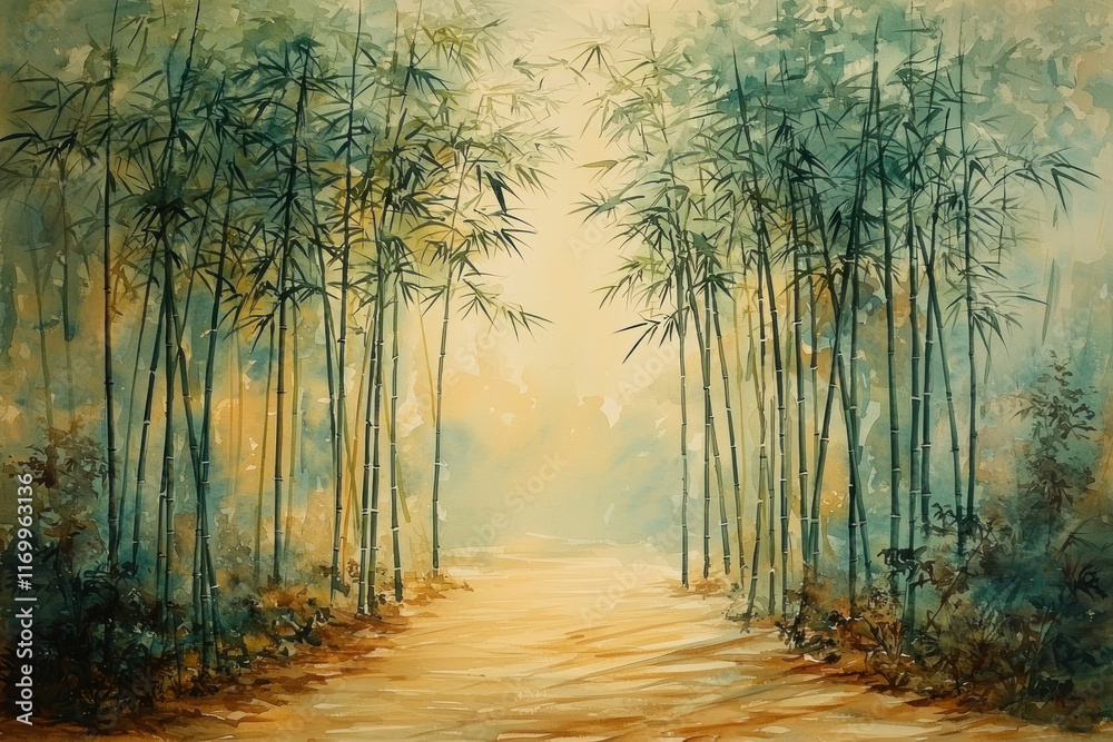 Naklejka premium Watercolor painting of a misty bamboo forest path.