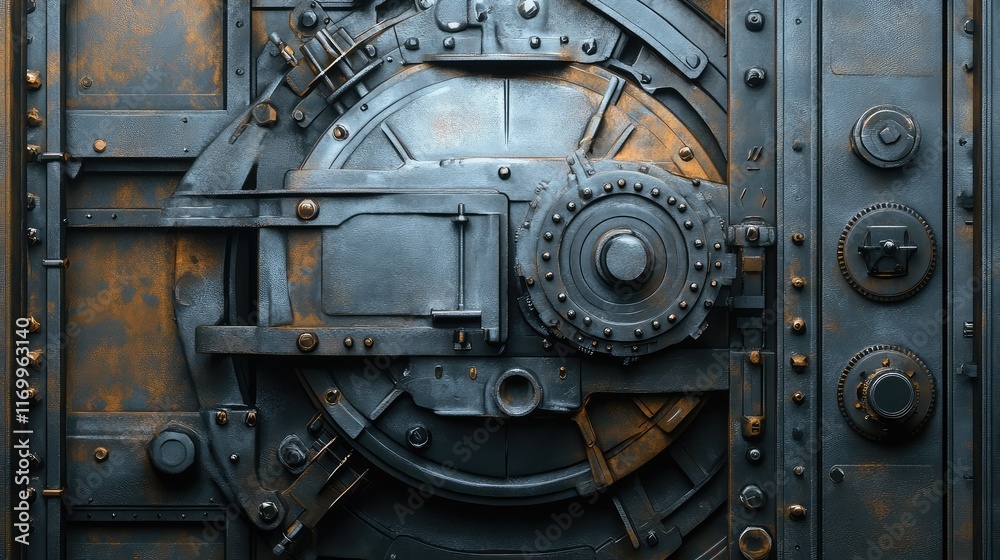 A clockwork mechanism with intricate gears, bolts, and rivets on a weathered metallic surface, offering a spacious background for branding. A clockwork mechanism with intricate gears, bolts, and rivets on a weathered metallic surface, offering a spacious background for branding.