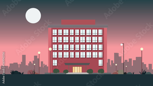 Hotel Apartment Building Landscape with Cityscape and Sun in Twilight