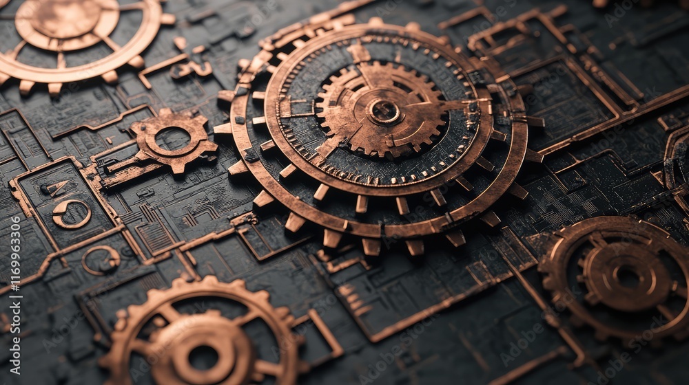 A close-up of intricate steampunk-style gears with a worn copper surface, leaving a clean space for logos or brand messages. A close-up of intricate steampunk-style gears with a worn copper surface, leaving a clean space for logos or brand messages.