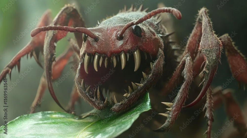 Close-up of a large, menacing red ant with sharp teeth on a green leaf. Close-up of a large, menacing red ant with sharp teeth on a green leaf.