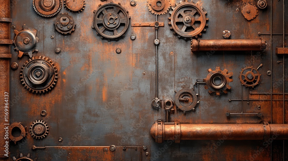 A steampunk-inspired metal gears, pipes, and mechanical elements against a rusty copper background, leaving ample space for copy or branding. A steampunk-inspired metal gears, pipes, and mechanical elements against a rusty copper background, leaving ample space for copy or branding.