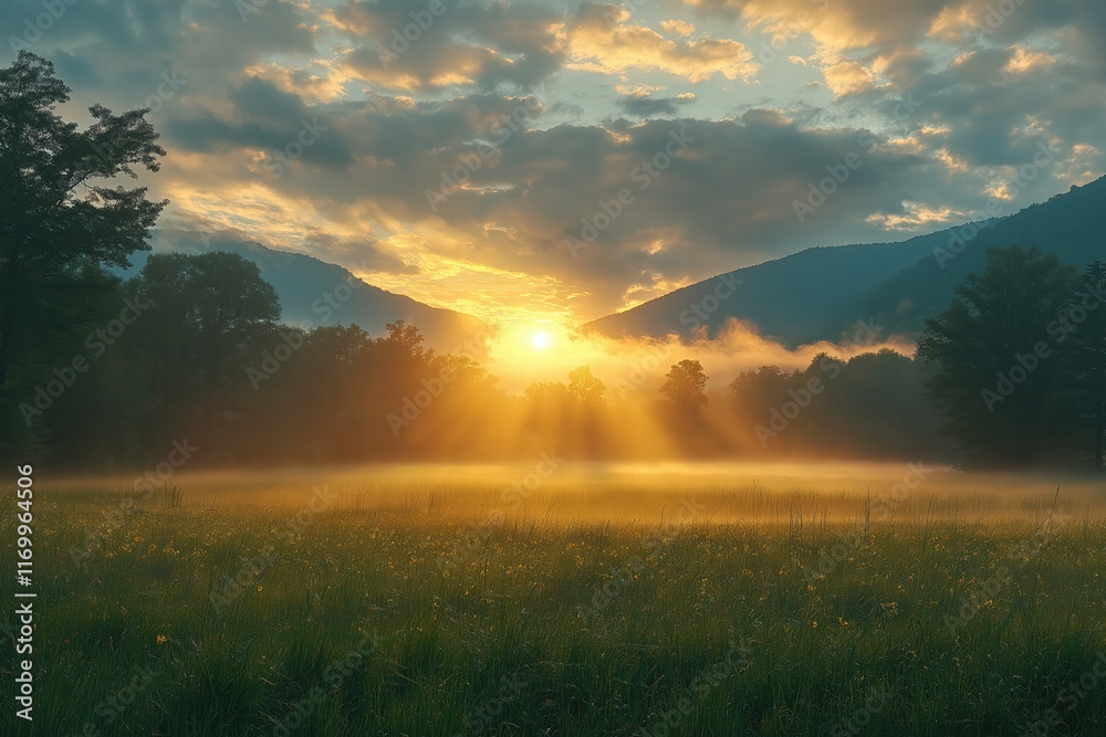 Fototapeta premium Sunrise over misty valley with mountains and golden light illuminating the landscape