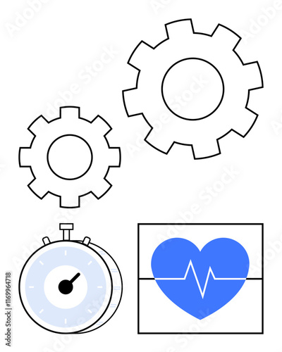 Two gears, stopwatch, and heartbeat icon suggest teamwork, productivity, fitness, and data tracking. Ideal for healthcare, time management, wellness precision industry success abstract line flat