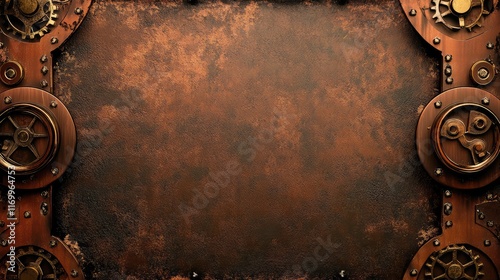 A vintage steampunk frame with brass gears and riveted metallic edges, set against an antique copper background, with plenty of space for branding.