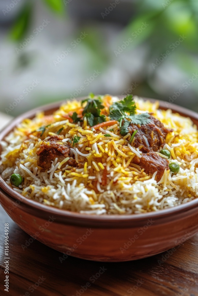 A bowl of Indian biryani rice with meat, served in a traditional clay pot and garnished with colorful vegetables. A bowl of Indian biryani rice with meat, served in a traditional clay pot and garnished with colorful vegetables.
