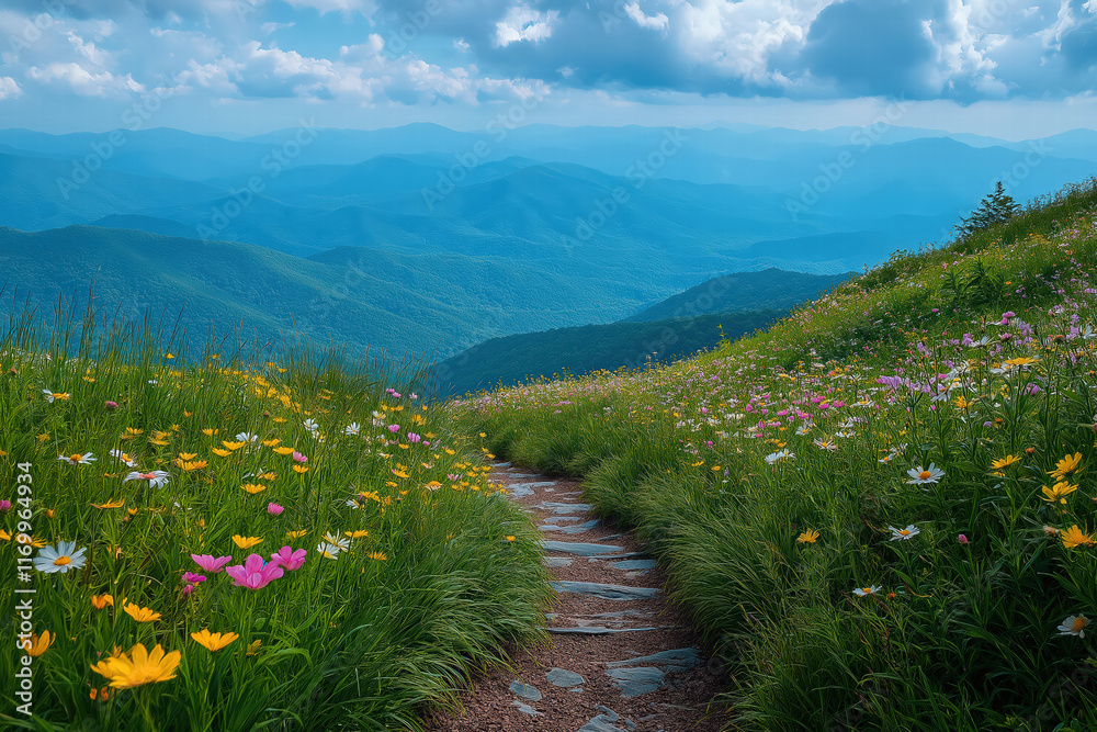 Obraz premium Scenic mountain trail lined with wildflowers on a sunny day