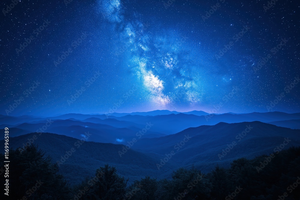 Naklejka premium Starry night sky over mountain ranges with visible Milky Way in a remote location