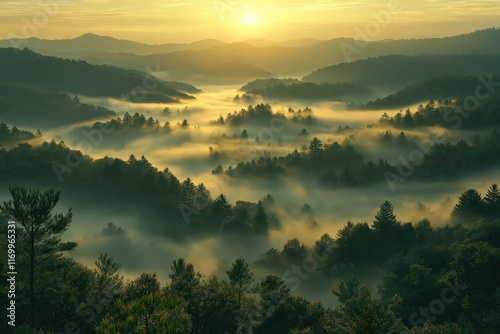 Breathtaking morning landscape with fog and sunlight over hills at sunrise