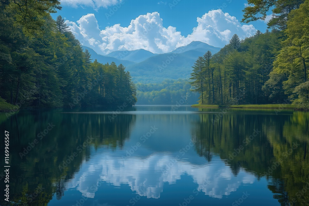 Naklejka premium Serene lake surrounded by mountains and forests on a clear day with fluffy clouds