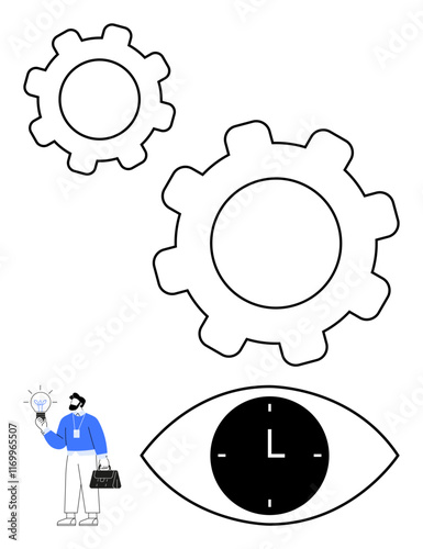 Gears signify collaboration, an eye clock represents time and focus, and a businessman holds a light bulb to depict innovation. Ideal for productivity, creativity, teamwork, vision, time management