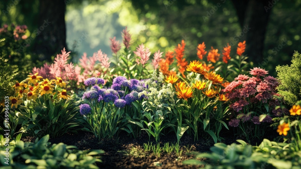 Vibrant Garden with Colorful Flowers in Natural Light Setting Vibrant Garden with Colorful Flowers in Natural Light Setting
