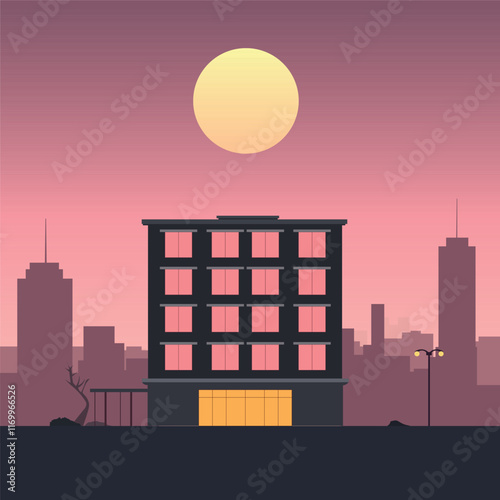 Hotel Apartment Building Landscape with Cityscape and Sun in Twilight