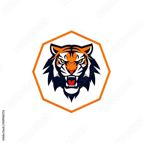 Roaring Tiger Head in Orange Hexagon Logo Design