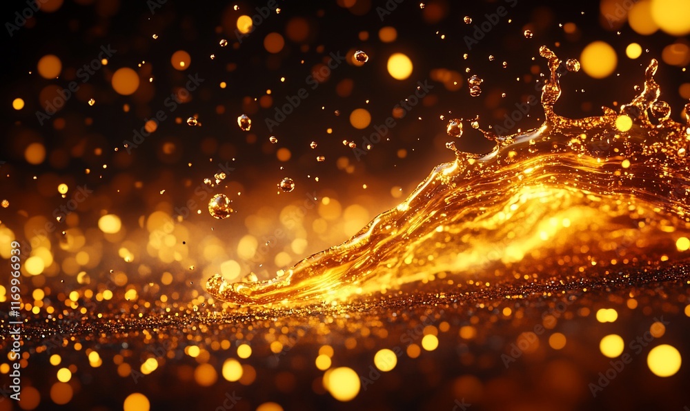 Naklejka premium Golden liquid splash on glittering surface.