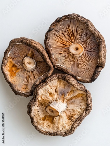 Three gilled brown mushroom fruiting bodies with visible spore prints. Mature and ready for spore dispersal. photo