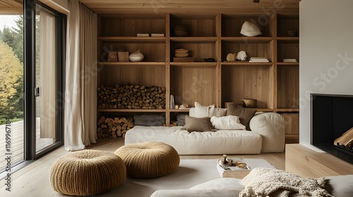 Sofa and poufs near a fireplace and wooden shelving units in a Scandinavian living room.