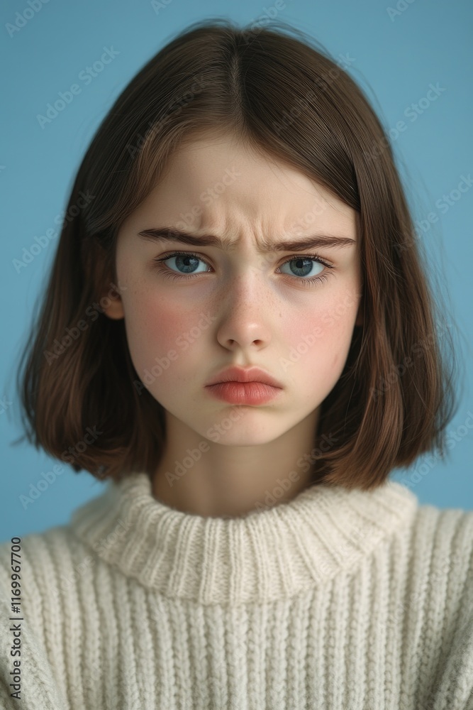 Emotional portrait of a young girl with pink cheeks, looking sad or concerned. Emotional portrait of a young girl with pink cheeks, looking sad or concerned.