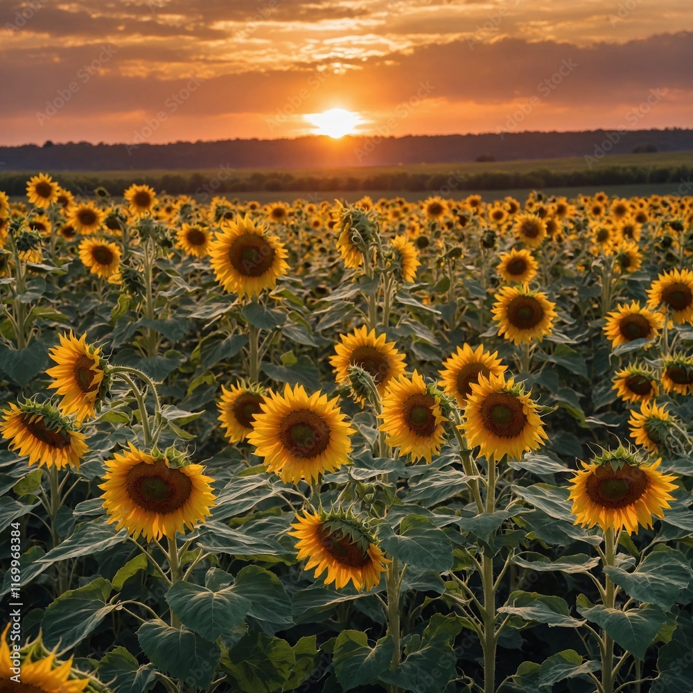 Obraz premium A field of sunflowers swaying in the breeze against a backdrop of a vibrant sunset.