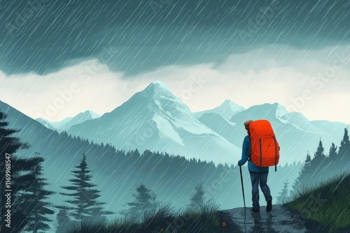 A lone hiker journeys through rain swept mountains photo