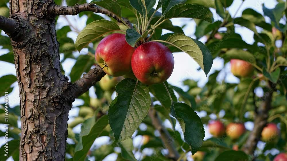 Red apples on tree in orchard during golden hour, close-up view. Nature and agriculture concept