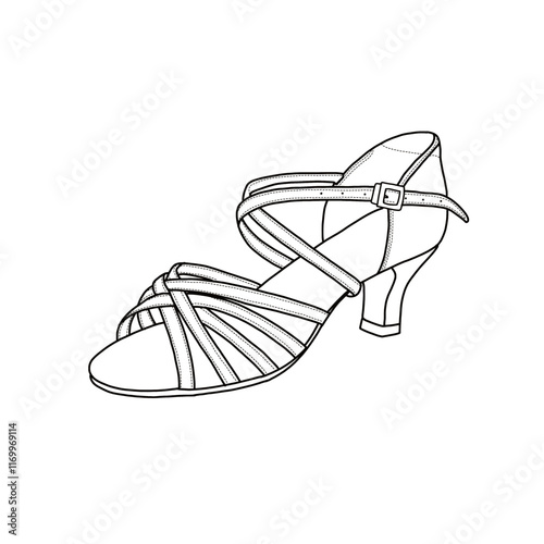 Women's Latin dance shoes, salsa shoes, performance dance shoes with adjustable ankle straps, open-toe ankle strap shoes line art. Technical sketch hand-drawing outline vector doodle illustration