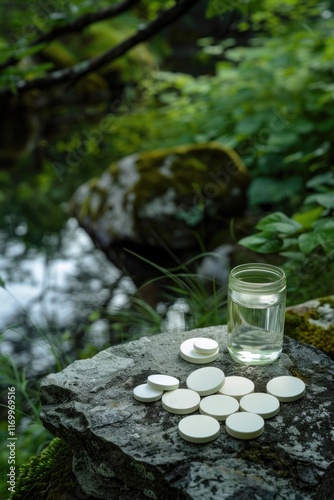 Medicinal mushrooms in a clear jar, set on a rock amidst a forest setting, symbolizing the natural origin and healing properties of these wild plants.