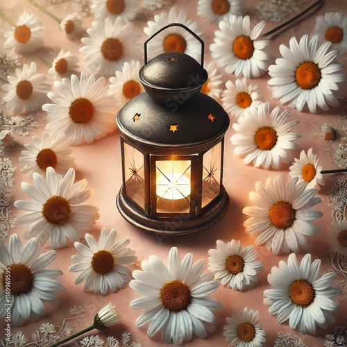 Daisies Around a Lantern A lantern surrounded by daisies symboli photo