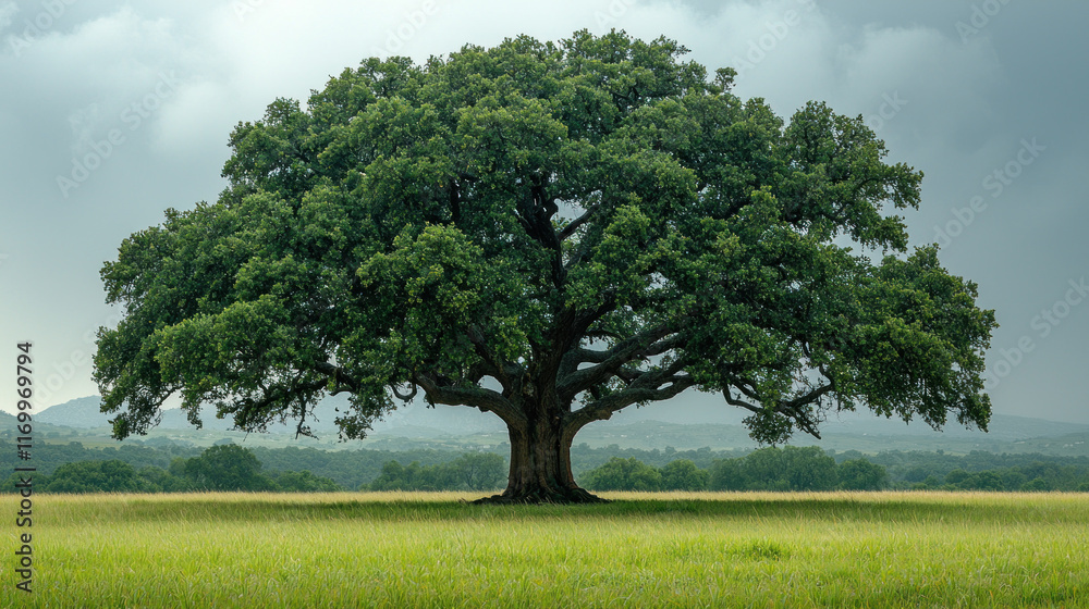 Large, lush green oak tree in a grassy field under a cloudy sky. Large, lush green oak tree in a grassy field under a cloudy sky.