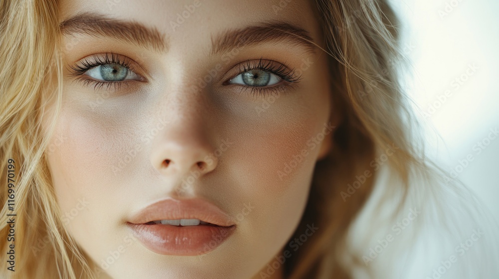 Close-up of young female face with light eyes and soft skin, makeup free. Close-up of young female face with light eyes and soft skin, makeup free.