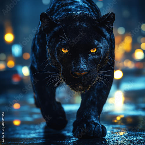 A black panther walks down a city street photo