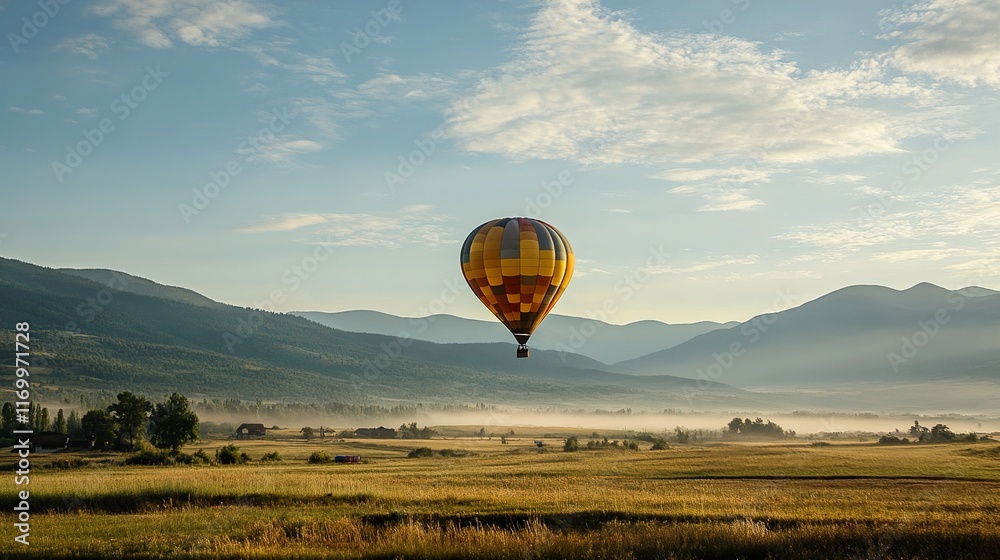 Obraz premium Hot Air Balloon over Scenic Mountain Landscape at Sunrise