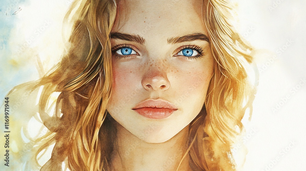 Close-up portrait of a young woman with fair skin, freckles, and light blonde curly hair, intense blue eyes, and a serene expression. Close-up portrait of a young woman with fair skin, freckles, and light blonde curly hair, intense blue eyes, and a serene expression.