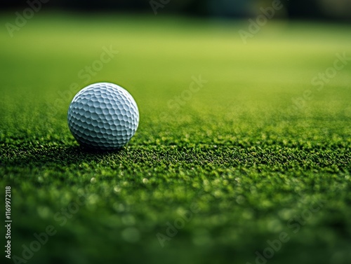Close-up of a golf ball on green turf.
