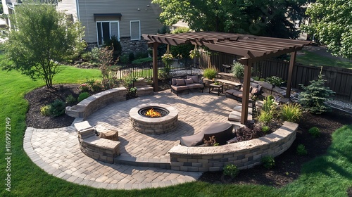 Beautifully designed backyard featuring a stone patio, fire pit, and pergola, creating an inviting outdoor space photo