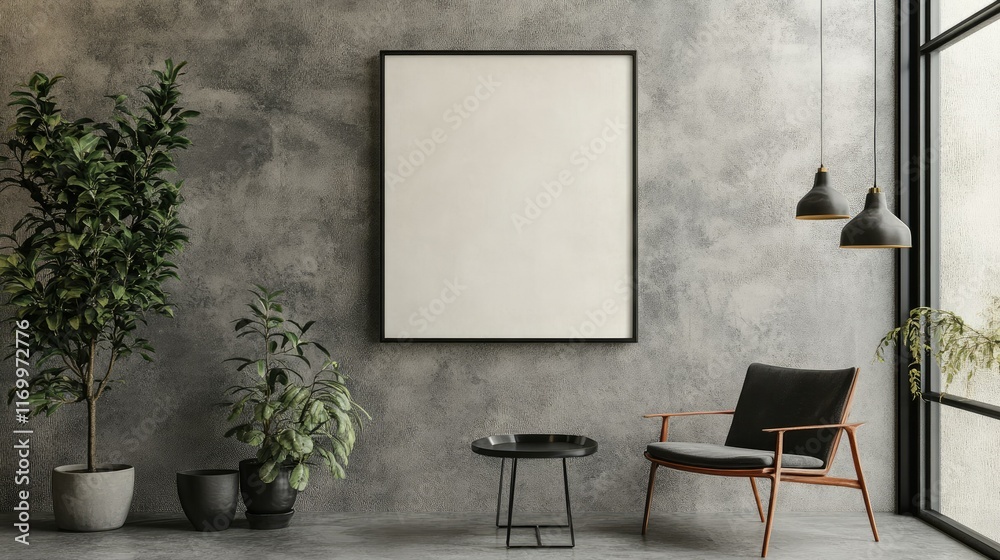Fototapeta premium Modern Living Room with Blank Frame, Green Plants and Stylish Decor
