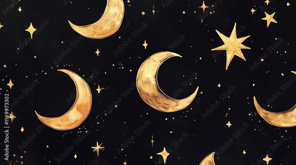 Whimsical hand-drawn patterns of moons and stars in glowing golden hues on a black background. No text, no people.