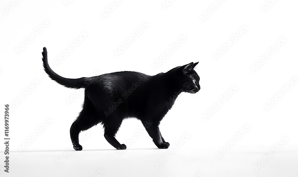 A black cat walking gracefully against a minimalist white background. A black cat walking gracefully against a minimalist white background.