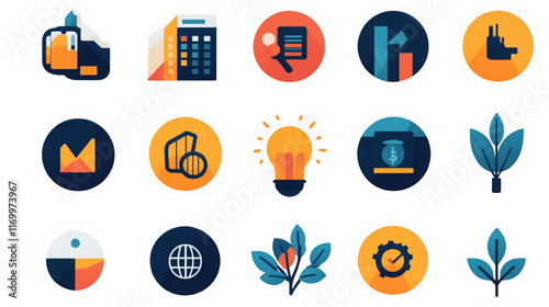 Business Icons Set:  A vibrant and modern set of flat design icons representing key business concepts. The icons are perfect for presentations, websites, and marketing materials. 
