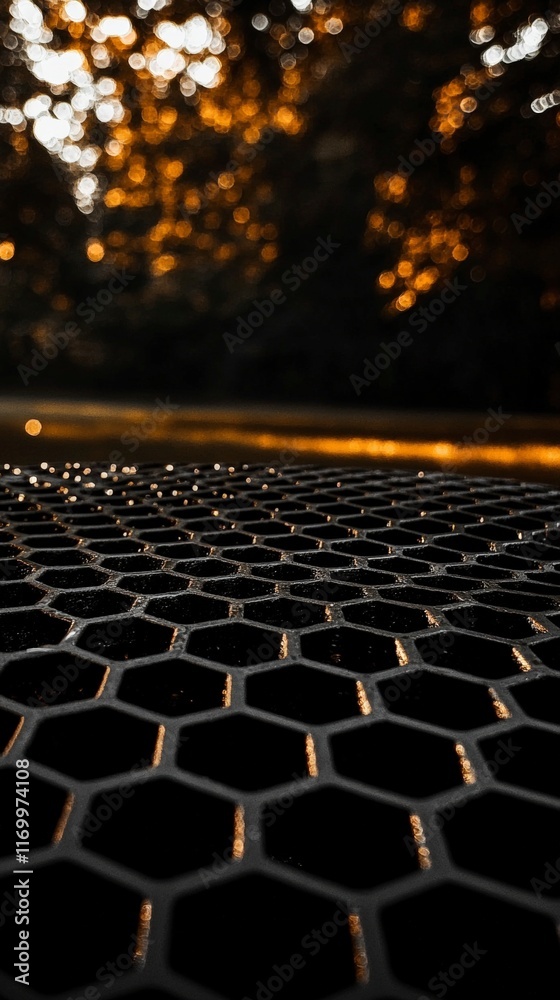 Obraz premium Abstract Hexagon Pattern Dark Grid Bokeh Lights Background