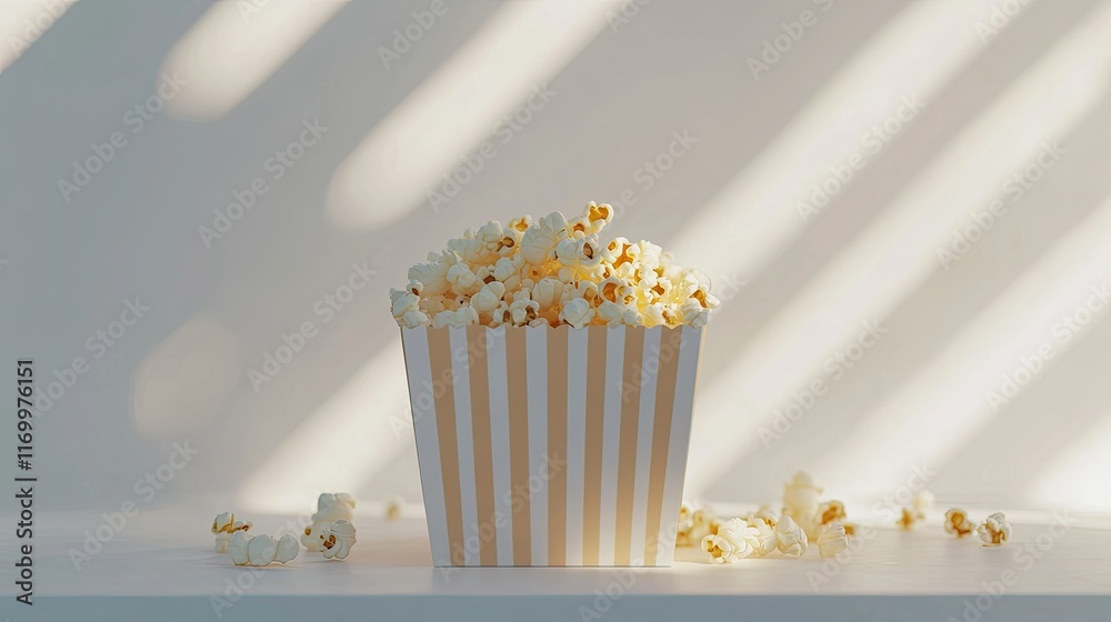 Freshly Popped Popcorn in a Classic Striped Container on Tabletop Freshly Popped Popcorn in a Classic Striped Container on Tabletop
